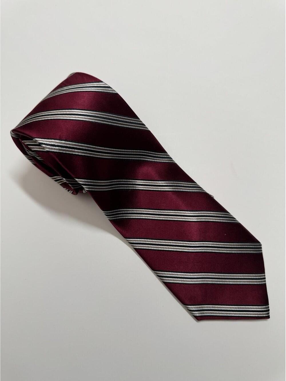 DKNY 100% Silk Tie Red And Silver Stripes